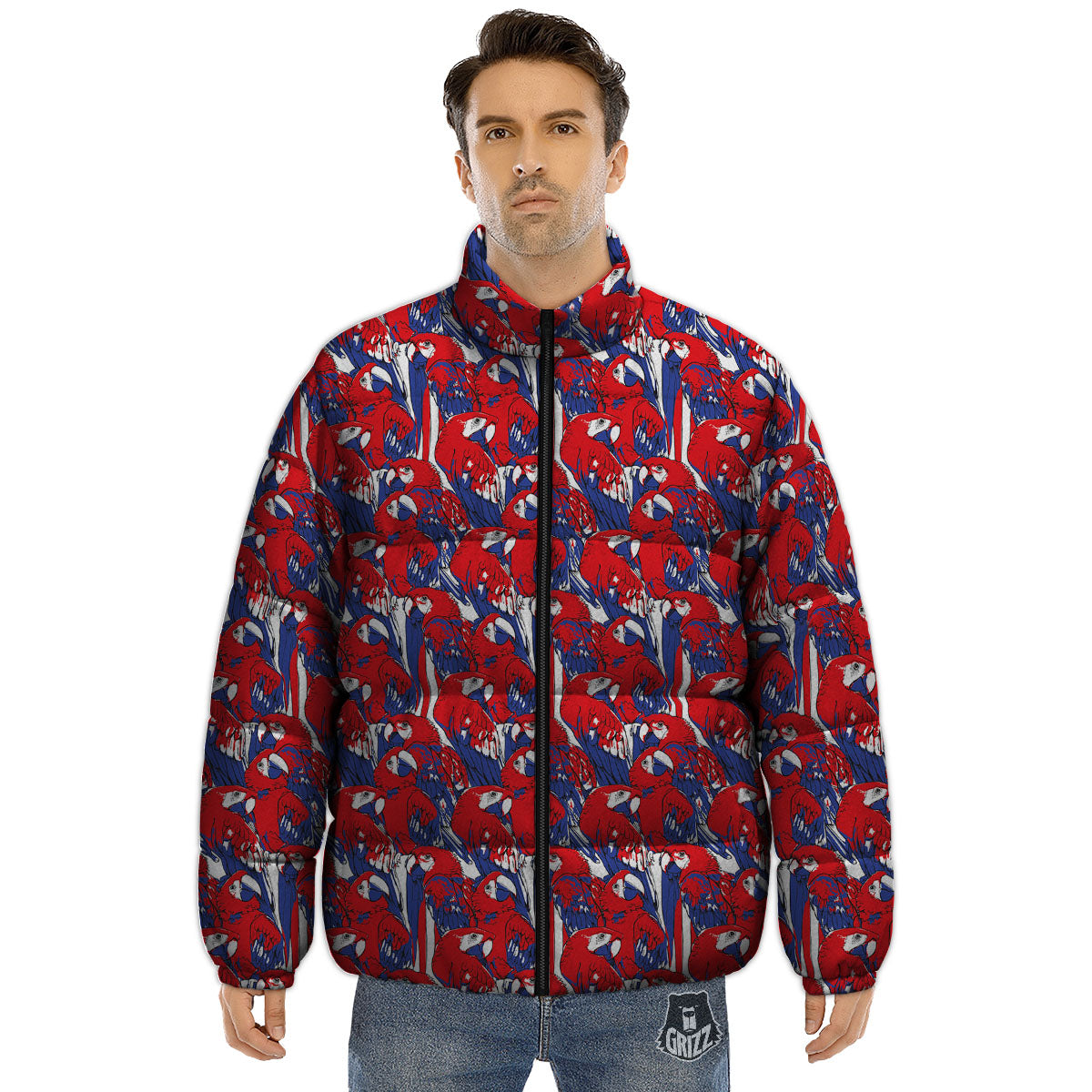 Tropical Parrot Print Pattern Puffer Jacket-grizzshop