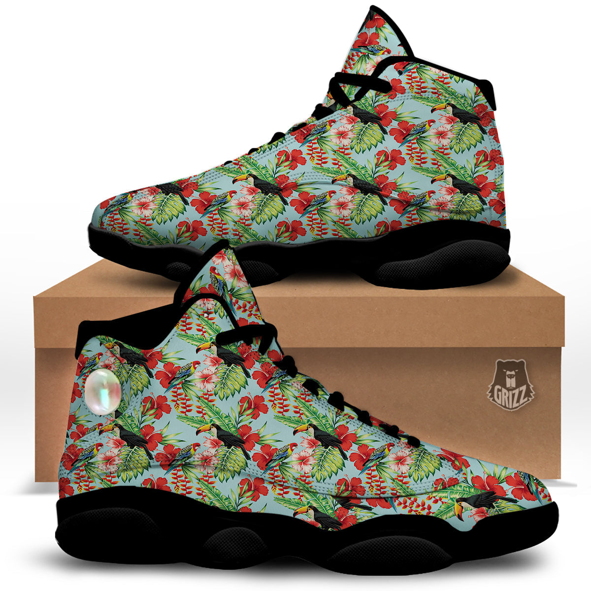 Tropical Parrot Toucan Print Pattern Black Basketball Shoes-grizzshop