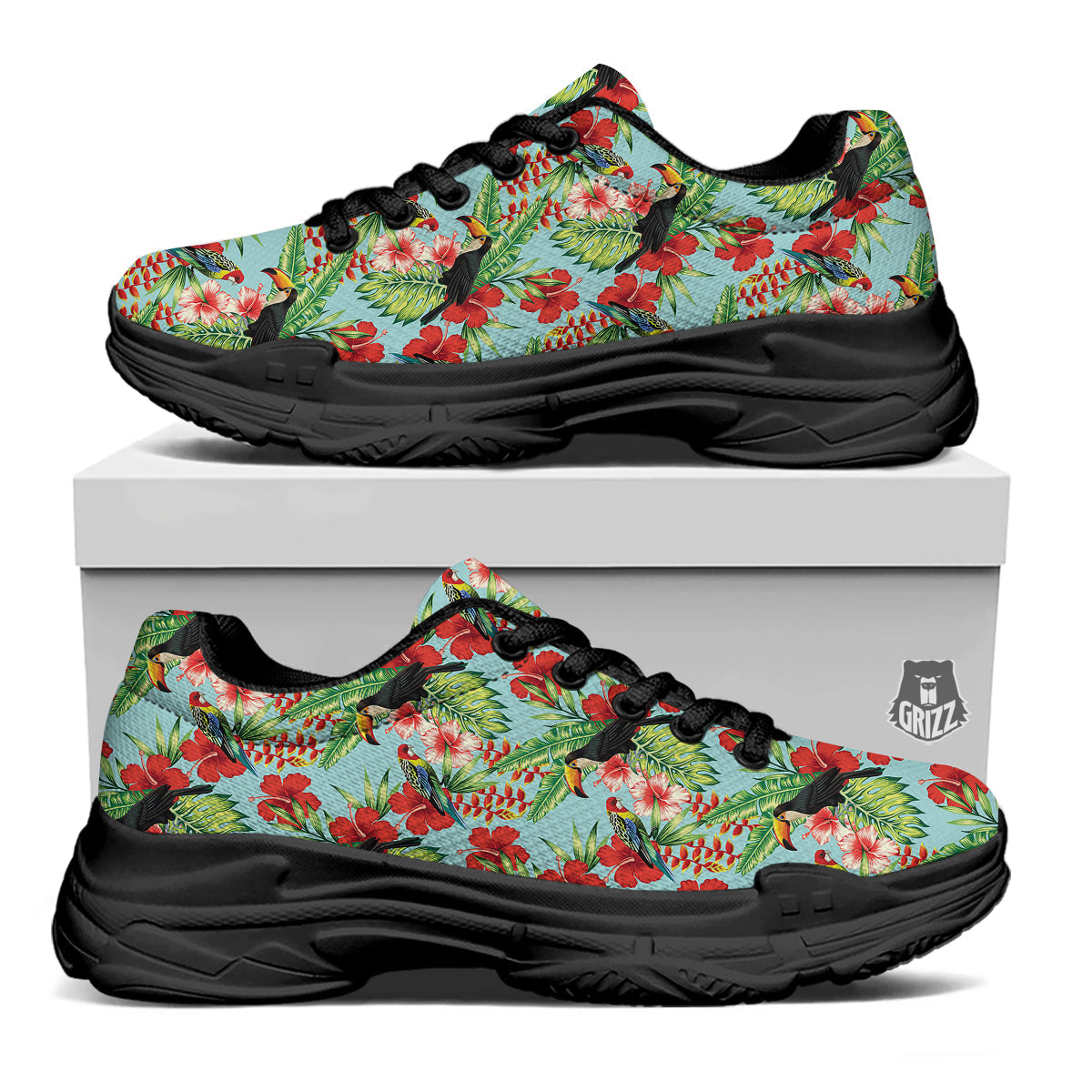 Tropical Parrot Toucan Print Pattern Black Chunky Shoes-grizzshop
