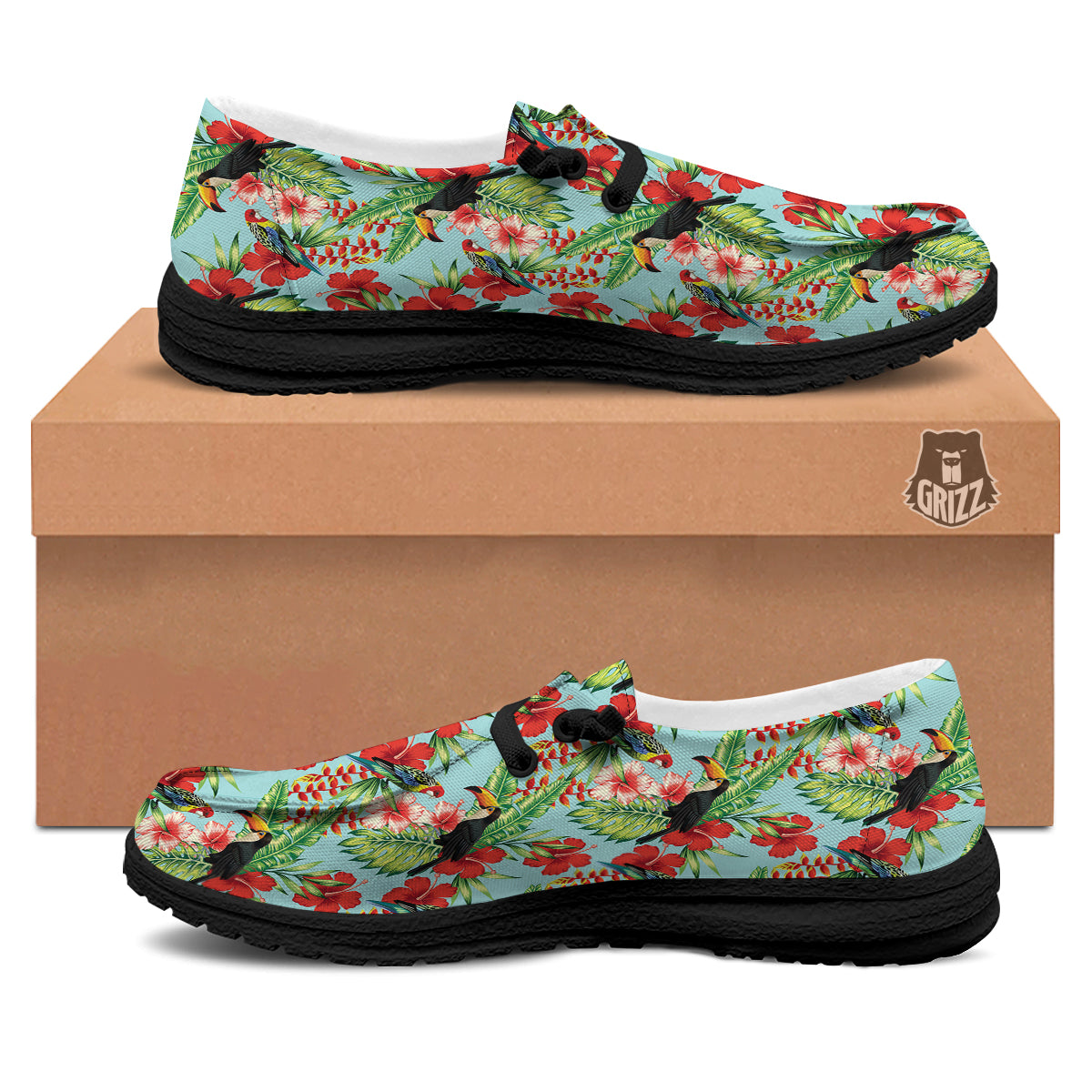 Tropical Parrot Toucan Print Pattern Black Loafers-grizzshop