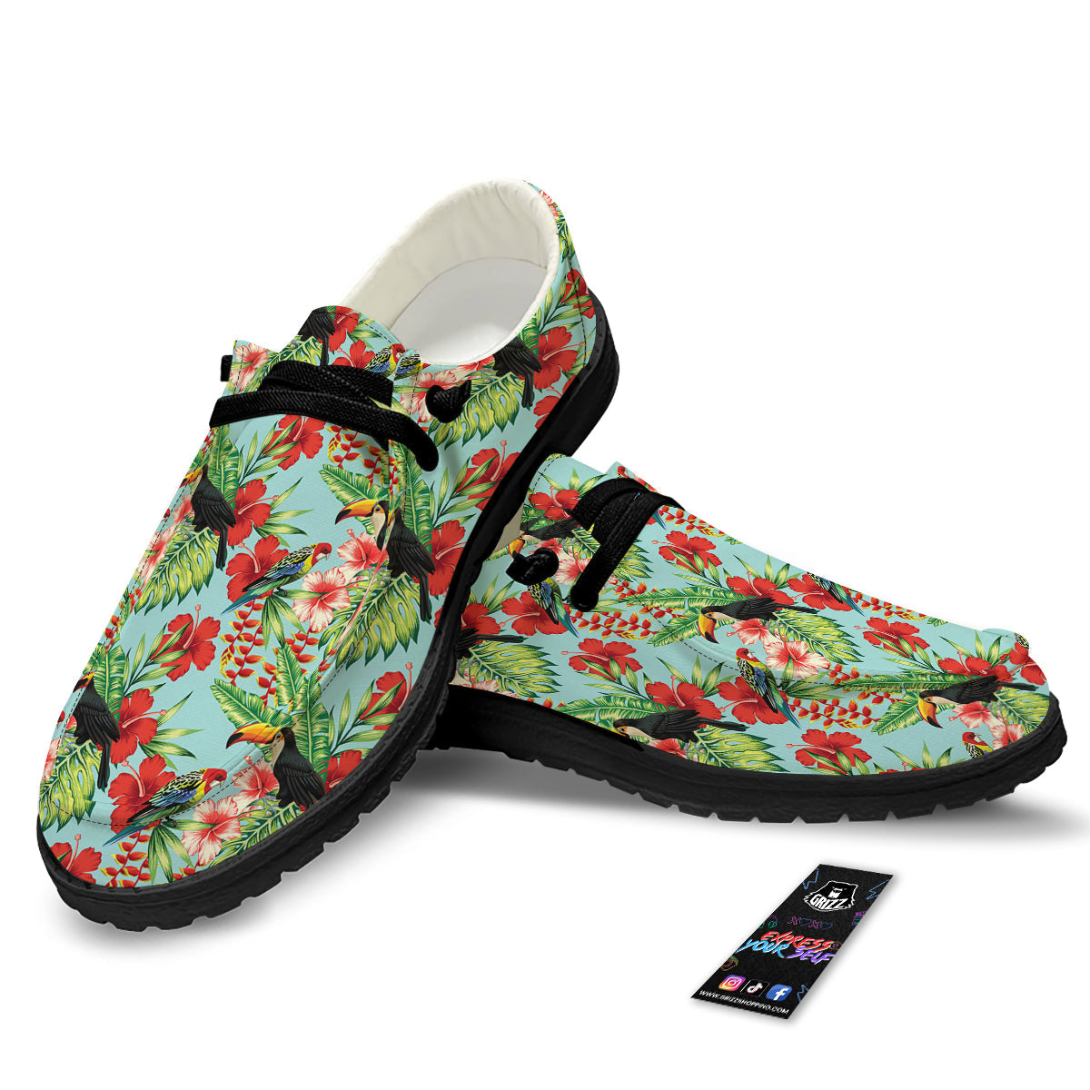 Tropical Parrot Toucan Print Pattern Black Loafers-grizzshop