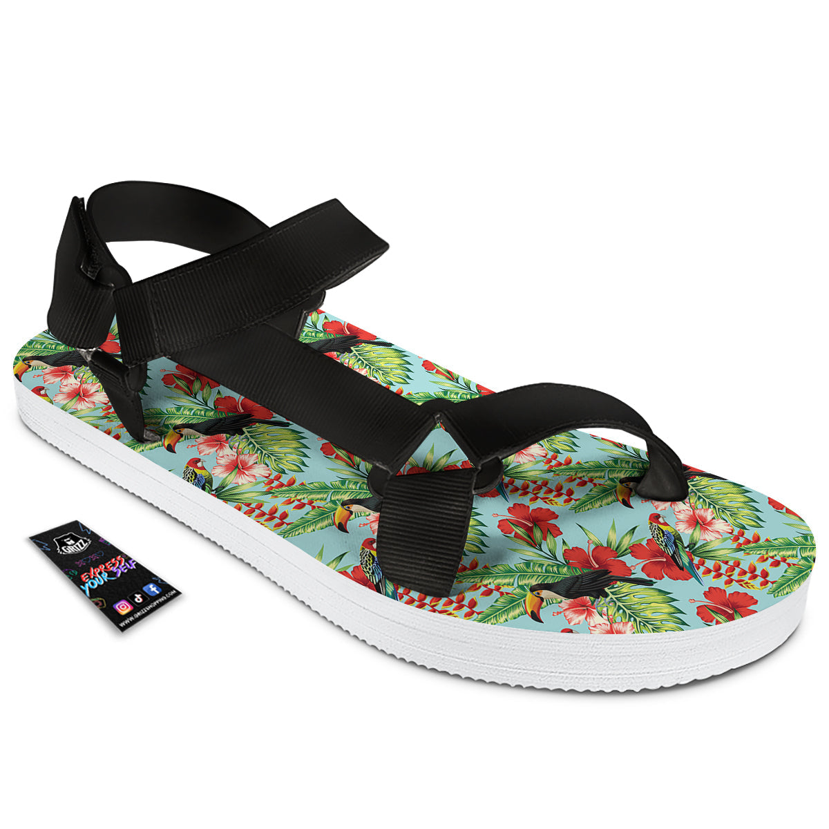 Tropical Parrot Toucan Print Pattern Black Open Toe Sandals-grizzshop