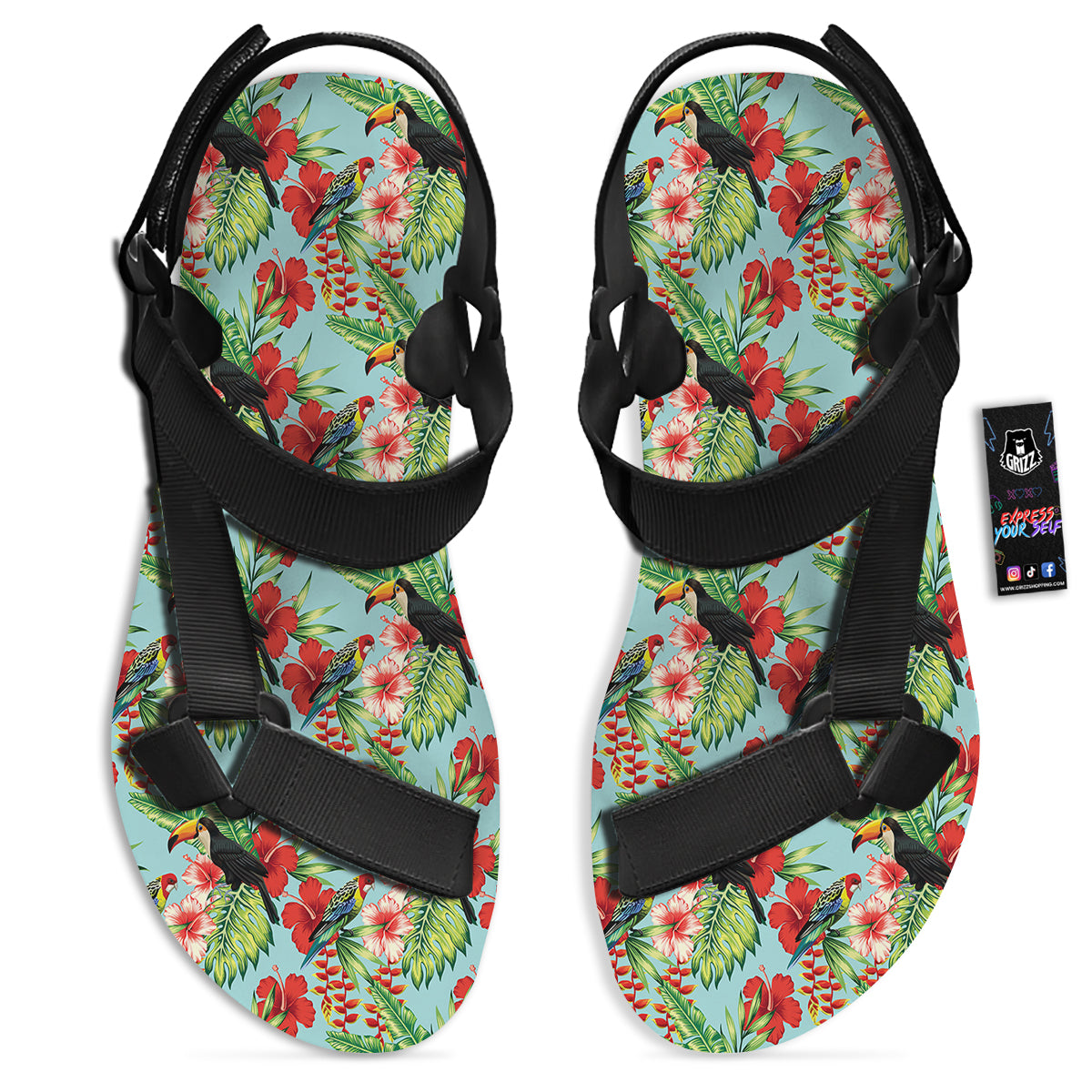 Tropical Parrot Toucan Print Pattern Black Open Toe Sandals-grizzshop