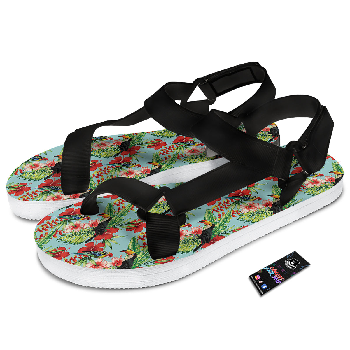 Tropical Parrot Toucan Print Pattern Black Open Toe Sandals-grizzshop