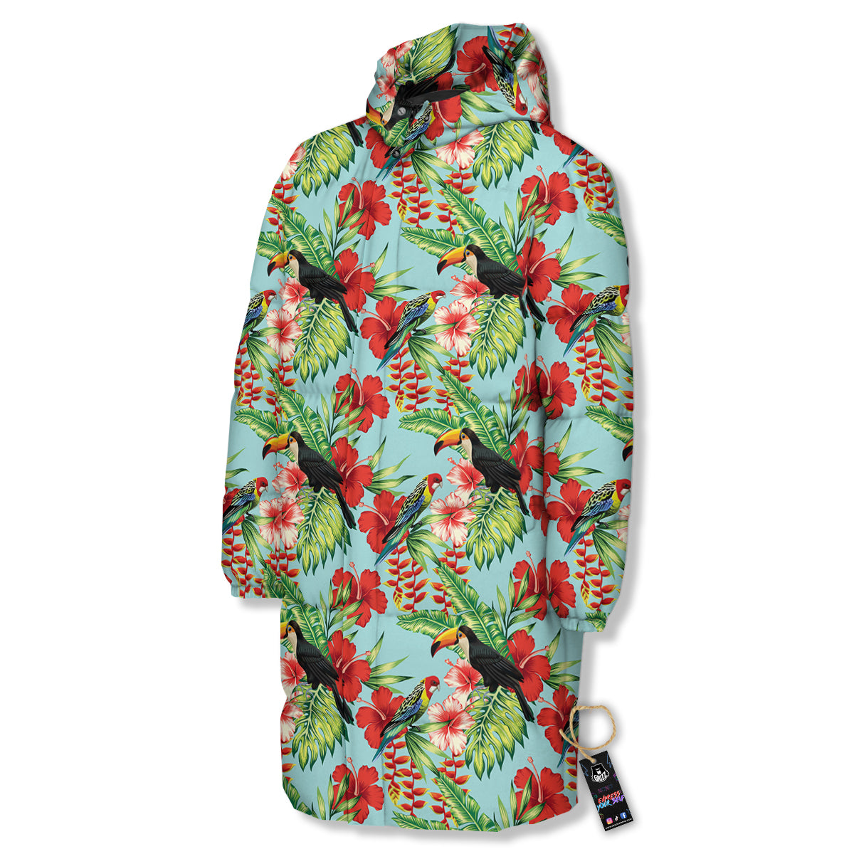 Tropical Parrot Toucan Print Pattern Long Down Jacket-grizzshop