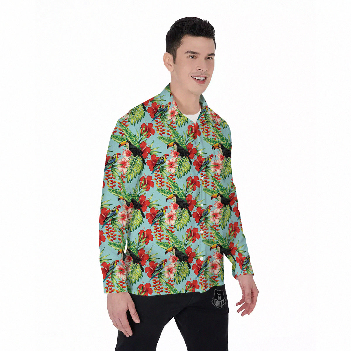 Tropical Parrot Toucan Print Pattern Men's Long Sleeve Shirts-grizzshop