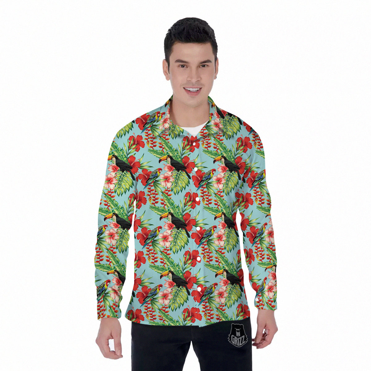 Tropical Parrot Toucan Print Pattern Men's Long Sleeve Shirts-grizzshop