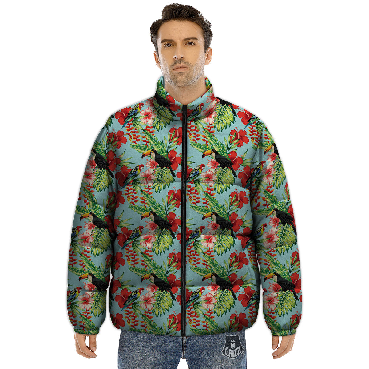 Tropical Parrot Toucan Print Pattern Puffer Jacket-grizzshop