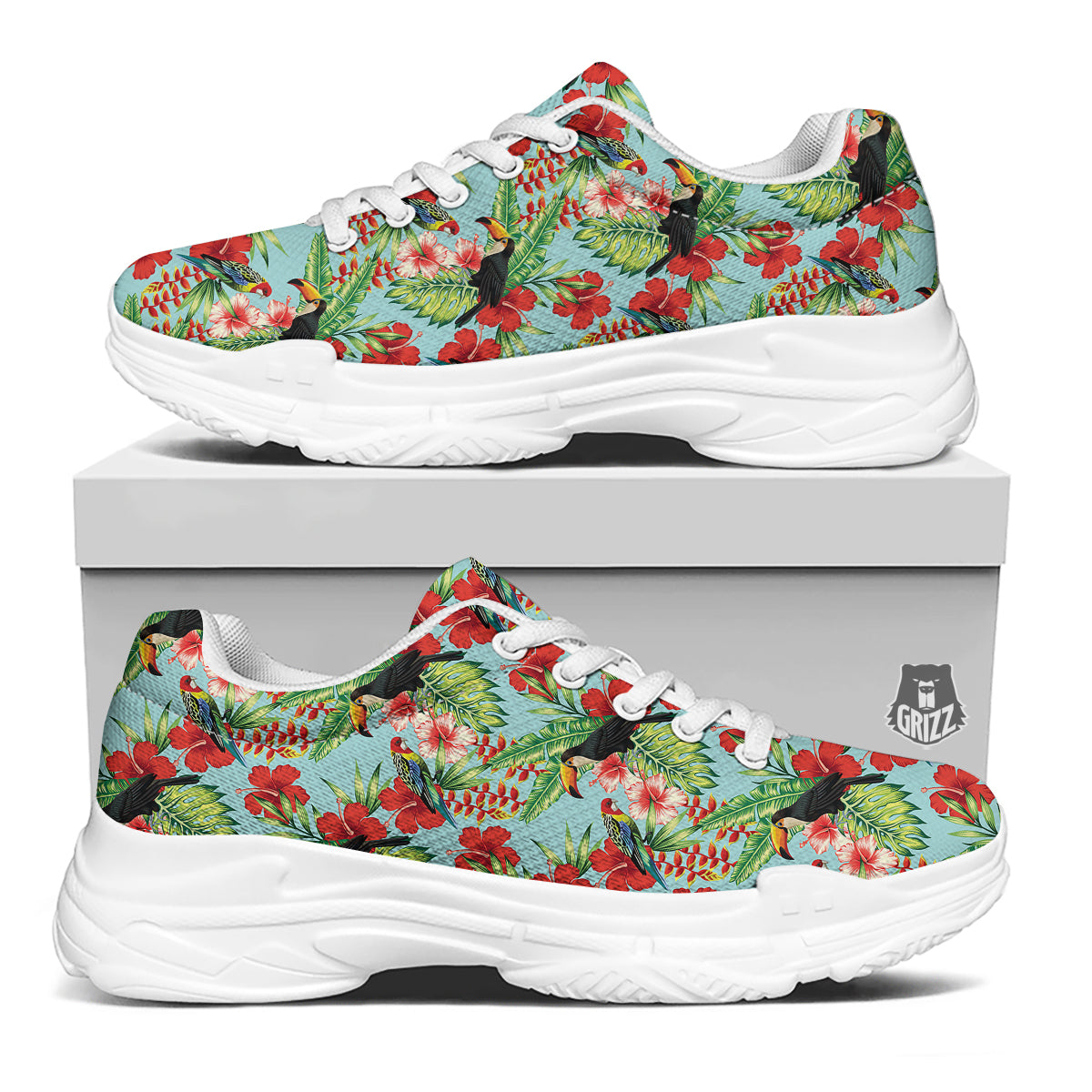 Tropical Parrot Toucan Print Pattern White Chunky Shoes-grizzshop