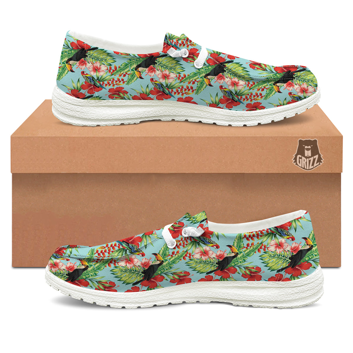 Tropical Parrot Toucan Print Pattern White Loafers-grizzshop