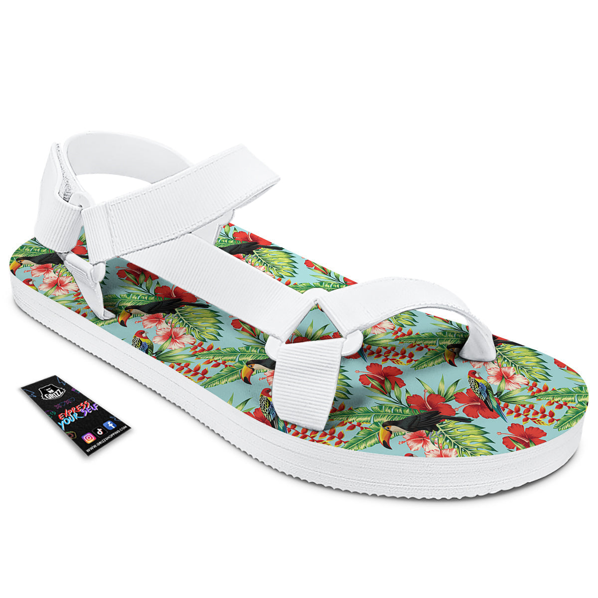 Tropical Parrot Toucan Print Pattern White Open Toe Sandals-grizzshop