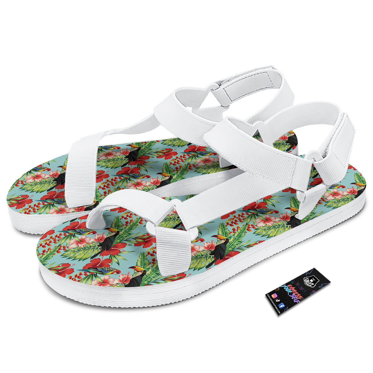 Tropical Parrot Toucan Print Pattern White Open Toe Sandals-grizzshop
