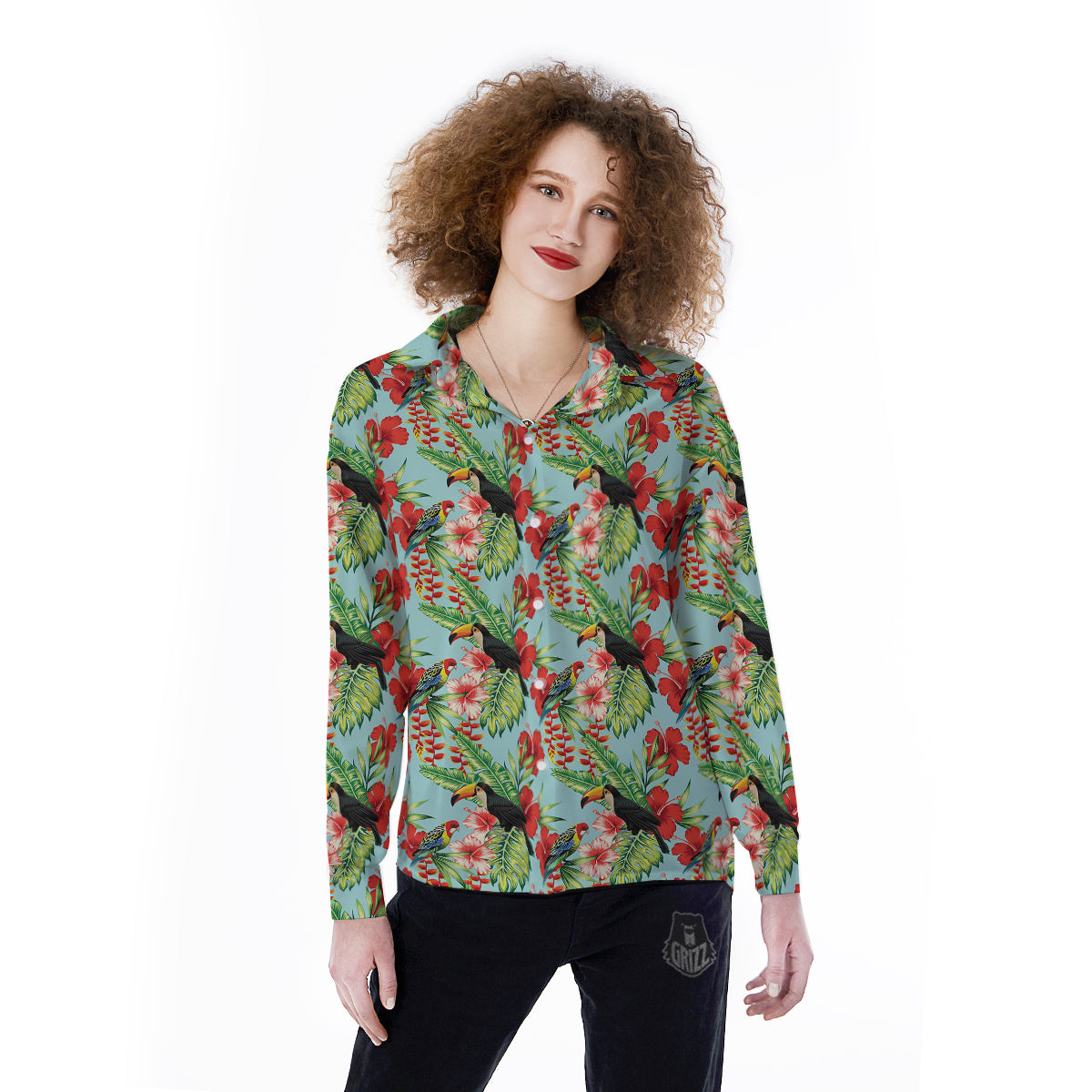Tropical Parrot Toucan Print Pattern Women's Long Sleeve Shirts-grizzshop