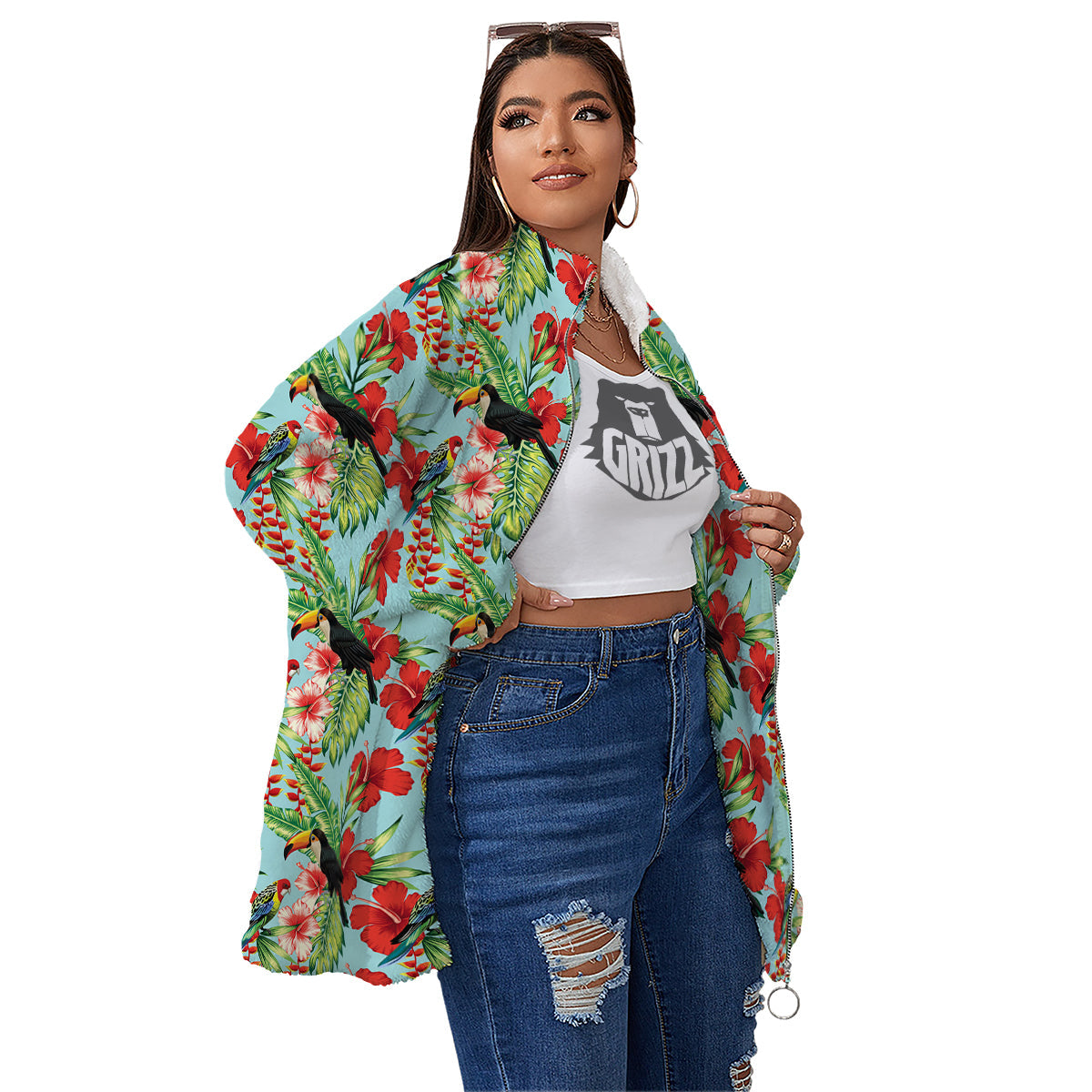 Tropical Parrot Toucan Print Pattern Women's Sherpa Jacket-grizzshop