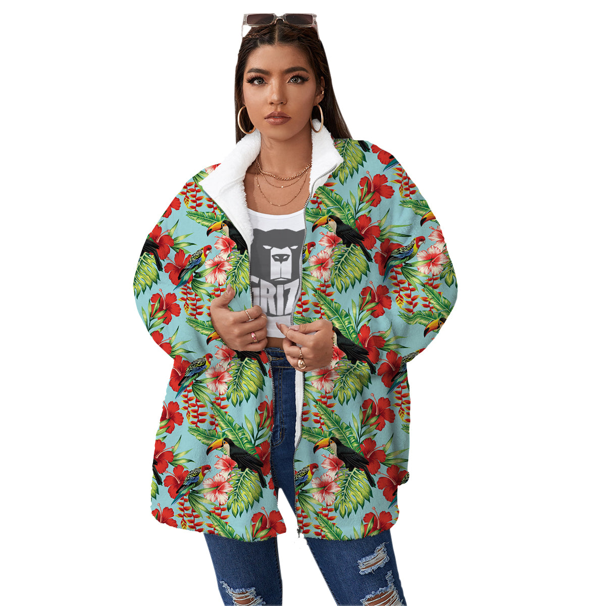 Tropical Parrot Toucan Print Pattern Women's Sherpa Jacket-grizzshop