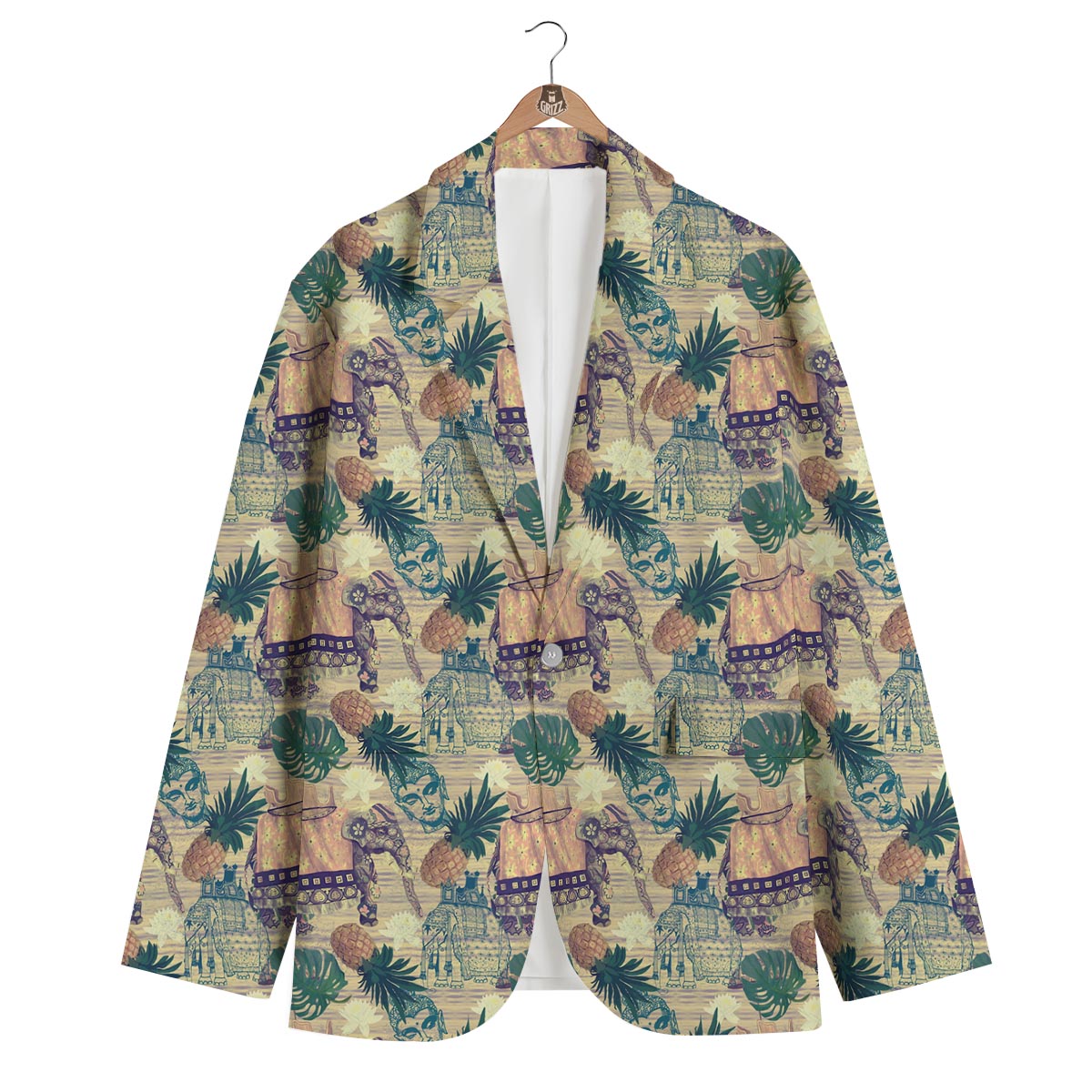 Tropical Pineapple Buddha Elephant Print Men's Blazer-grizzshop