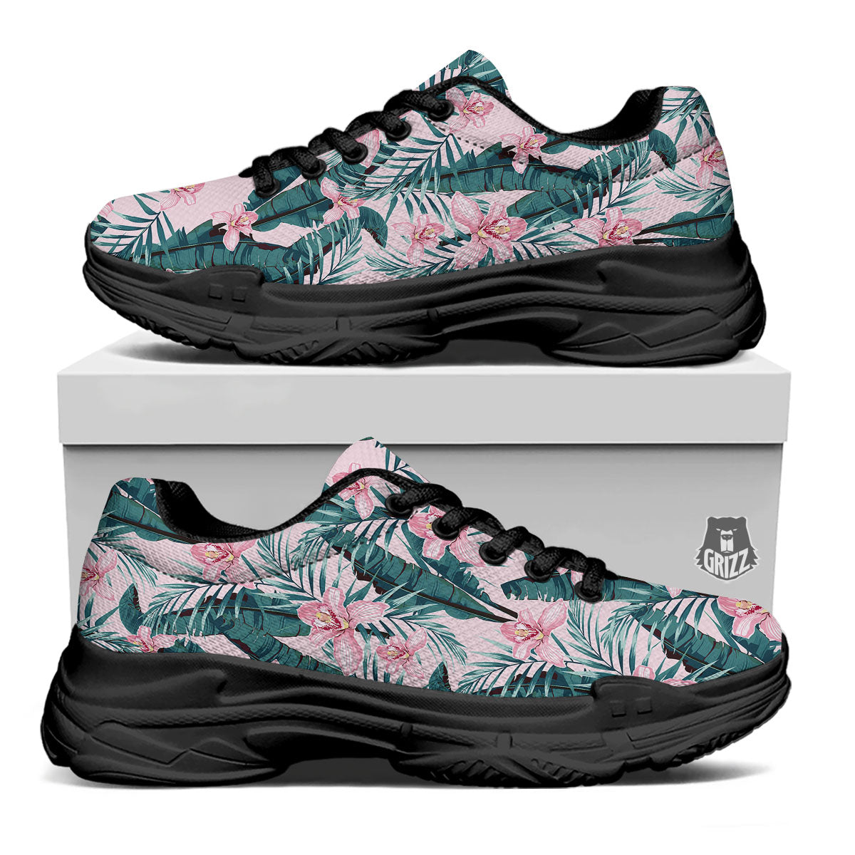 Tropical Pink Hawaiian Print Pattern Black Chunky Shoes-grizzshop