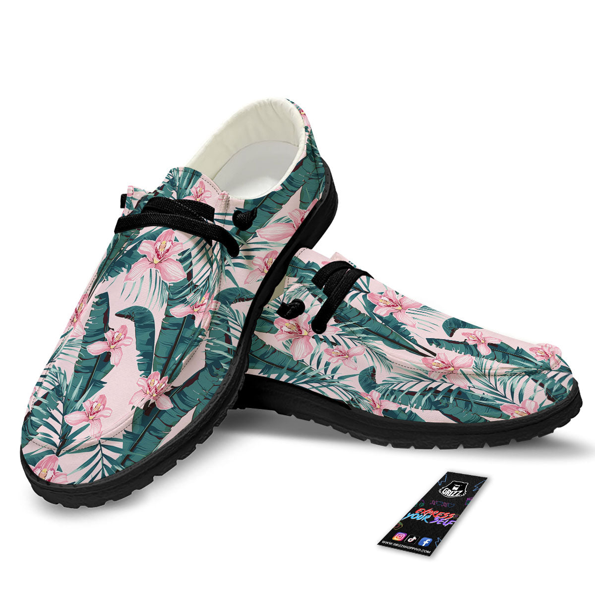 Tropical Pink Hawaiian Print Pattern Black Loafers-grizzshop