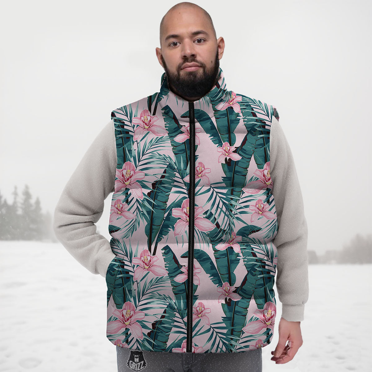 Tropical Pink Hawaiian Print Pattern Down Vest-grizzshop