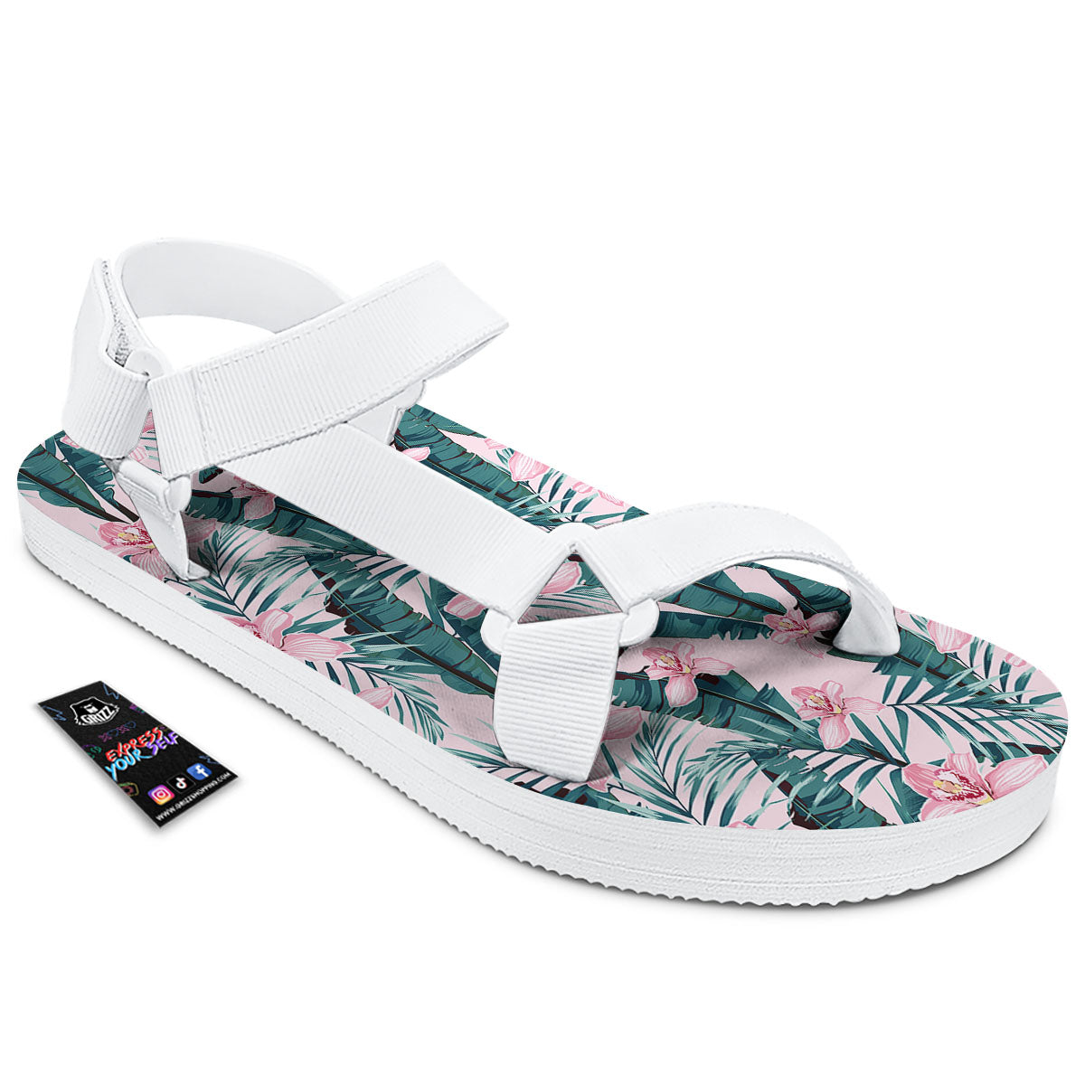 Tropical Pink Hawaiian Print Pattern White Open Toe Sandals-grizzshop