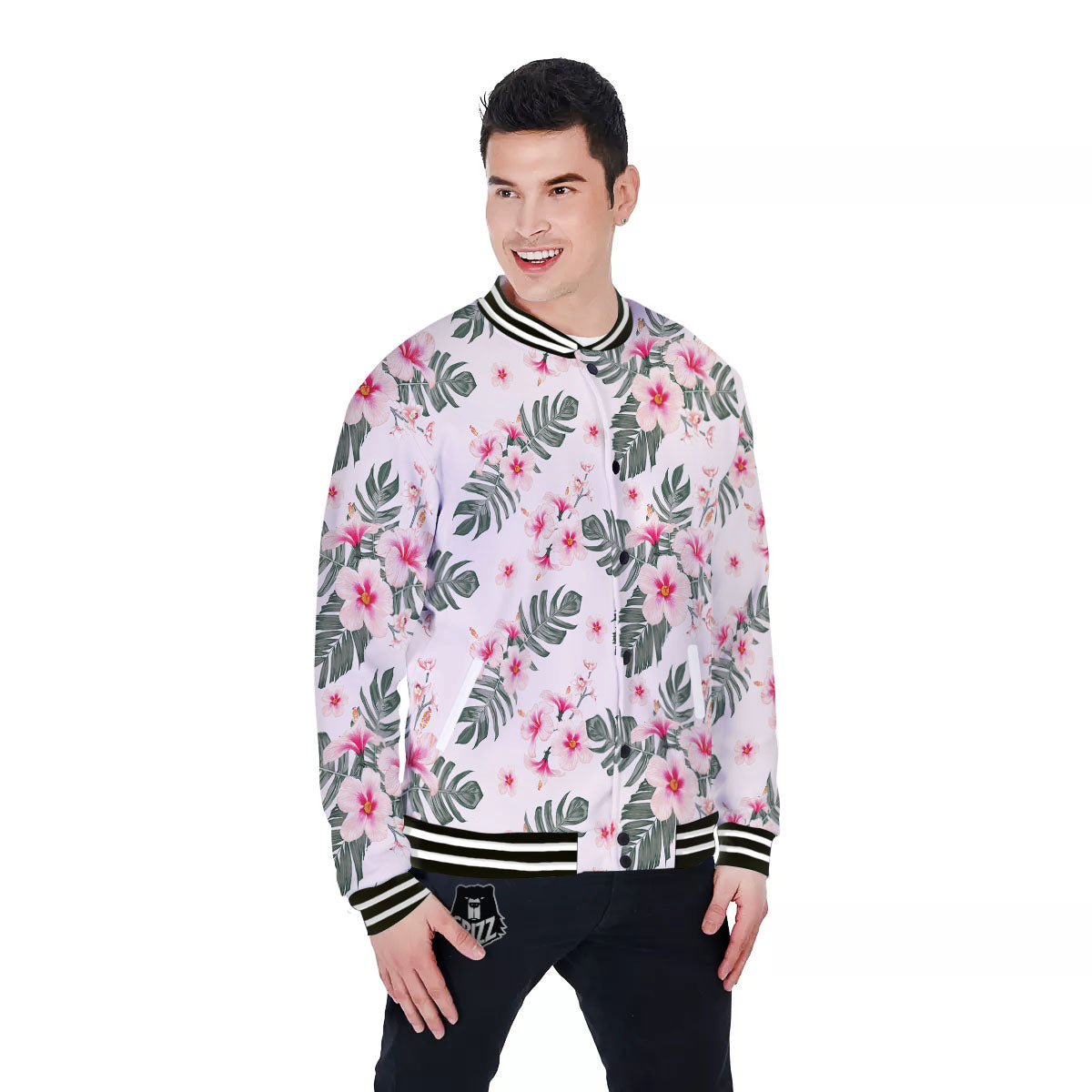 Tropical Pink Hibiscus Print Pattern Baseball Jacket-grizzshop