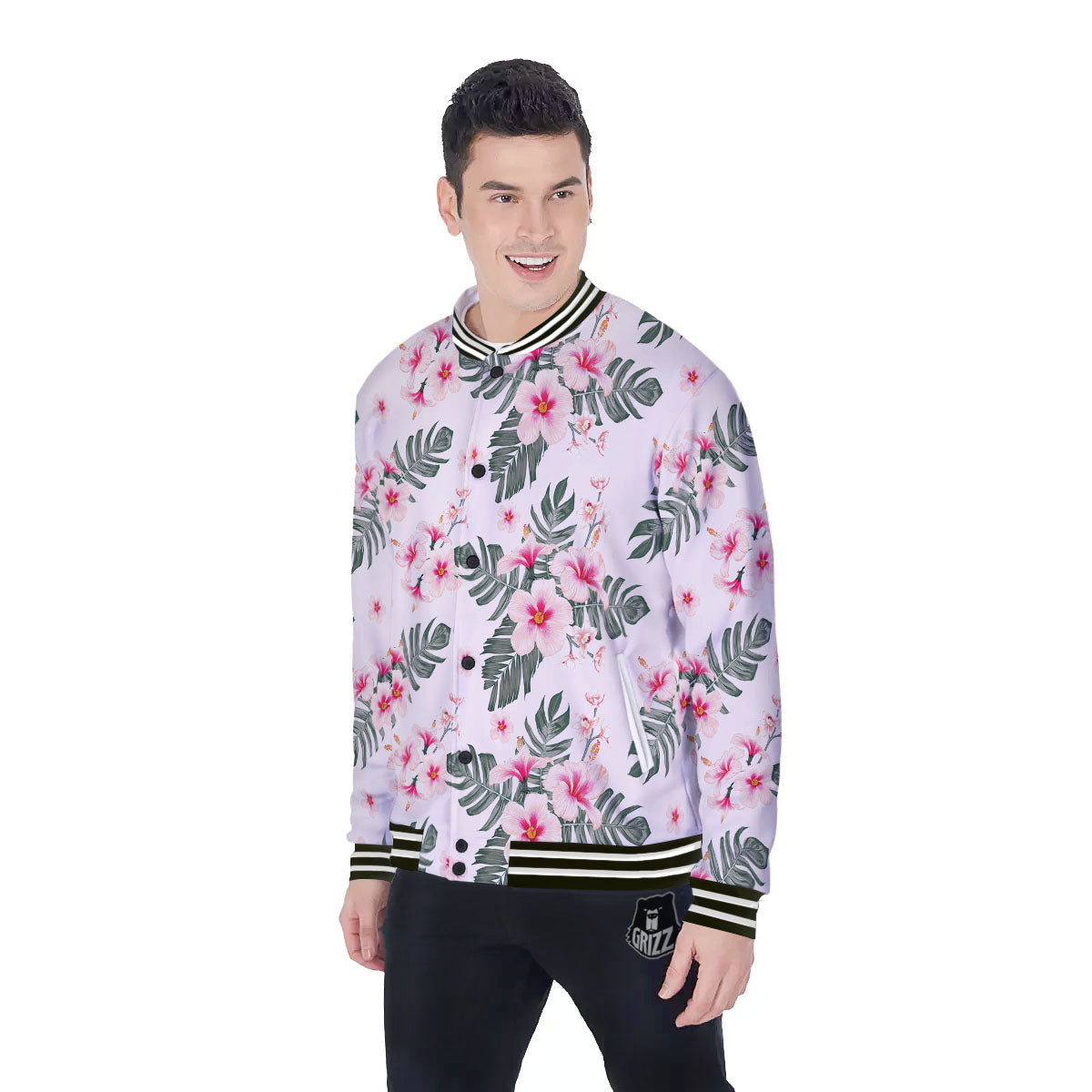 Tropical Pink Hibiscus Print Pattern Baseball Jacket-grizzshop