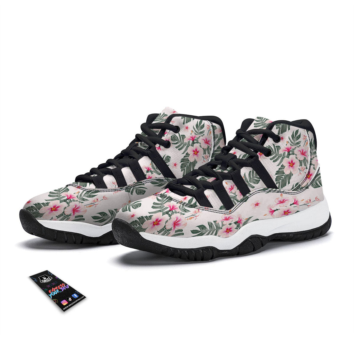 Tropical Pink Hibiscus Print Pattern Black Bball Shoes-grizzshop