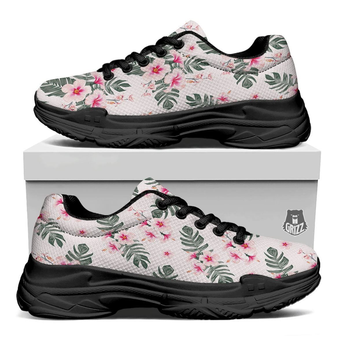 Tropical Pink Hibiscus Print Pattern Black Chunky Shoes-grizzshop