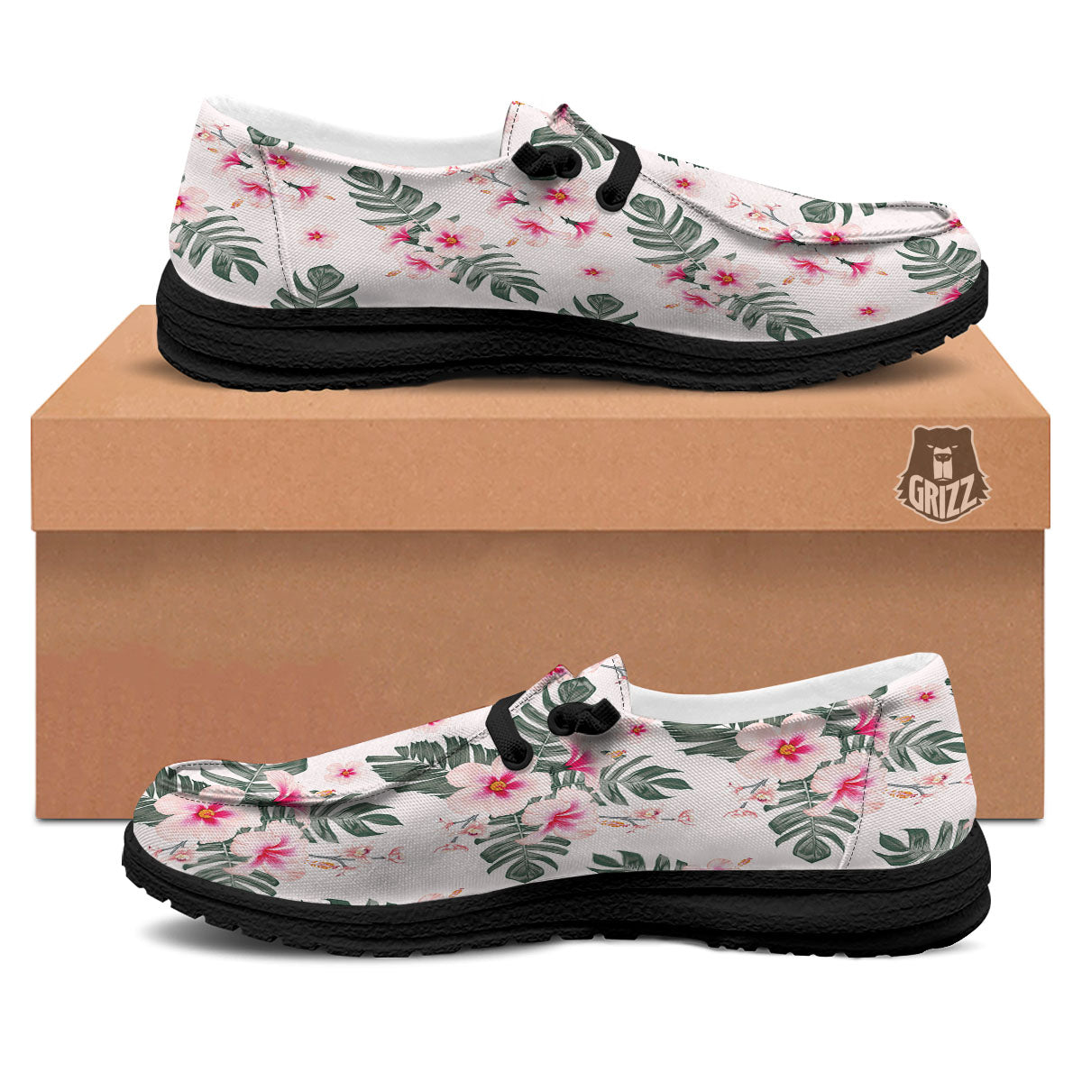 Tropical Pink Hibiscus Print Pattern Black Loafers-grizzshop