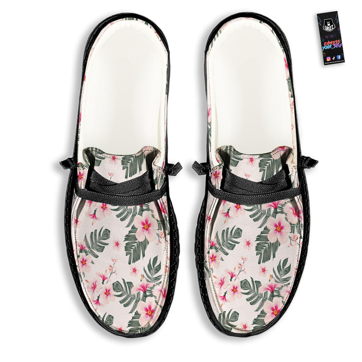 Tropical Pink Hibiscus Print Pattern Black Loafers-grizzshop