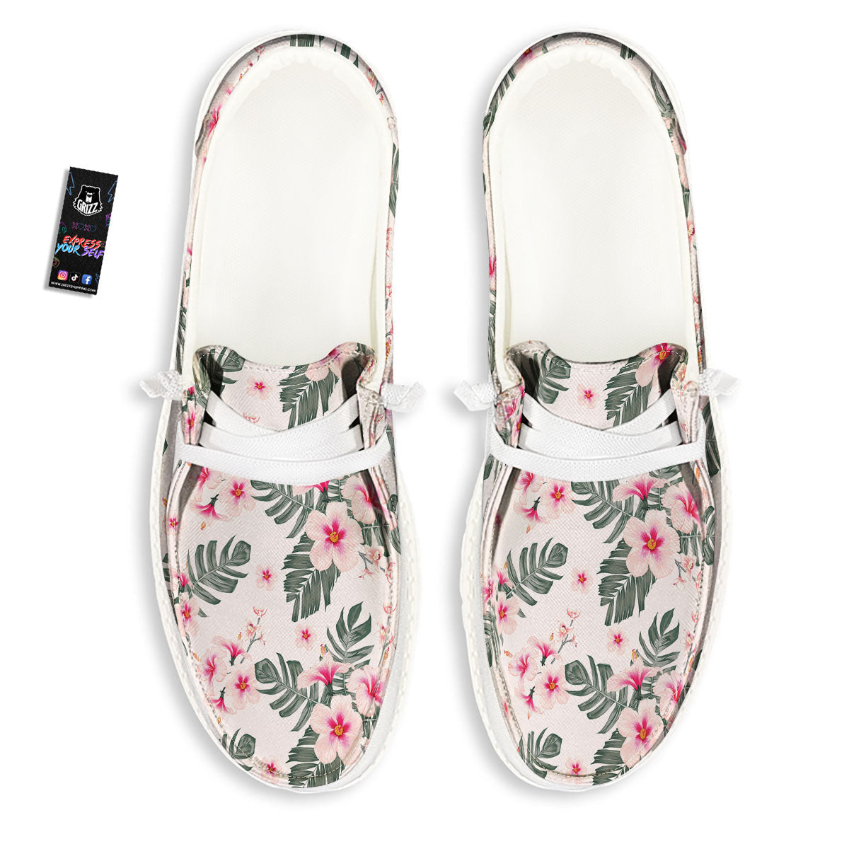 Tropical Pink Hibiscus Print Pattern Black Loafers-grizzshop