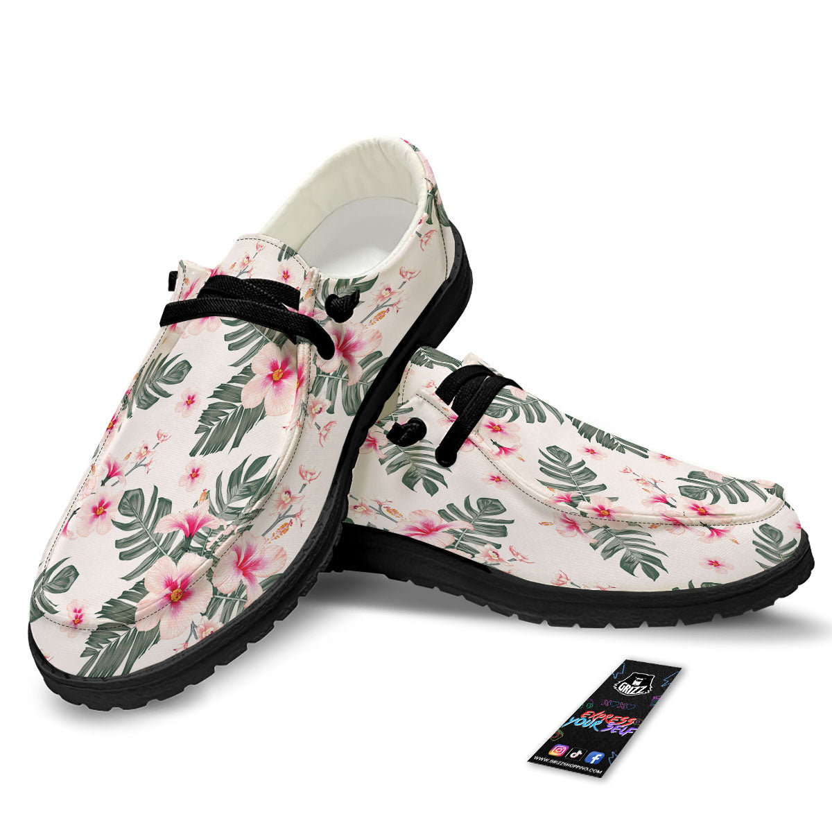 Tropical Pink Hibiscus Print Pattern Black Loafers-grizzshop