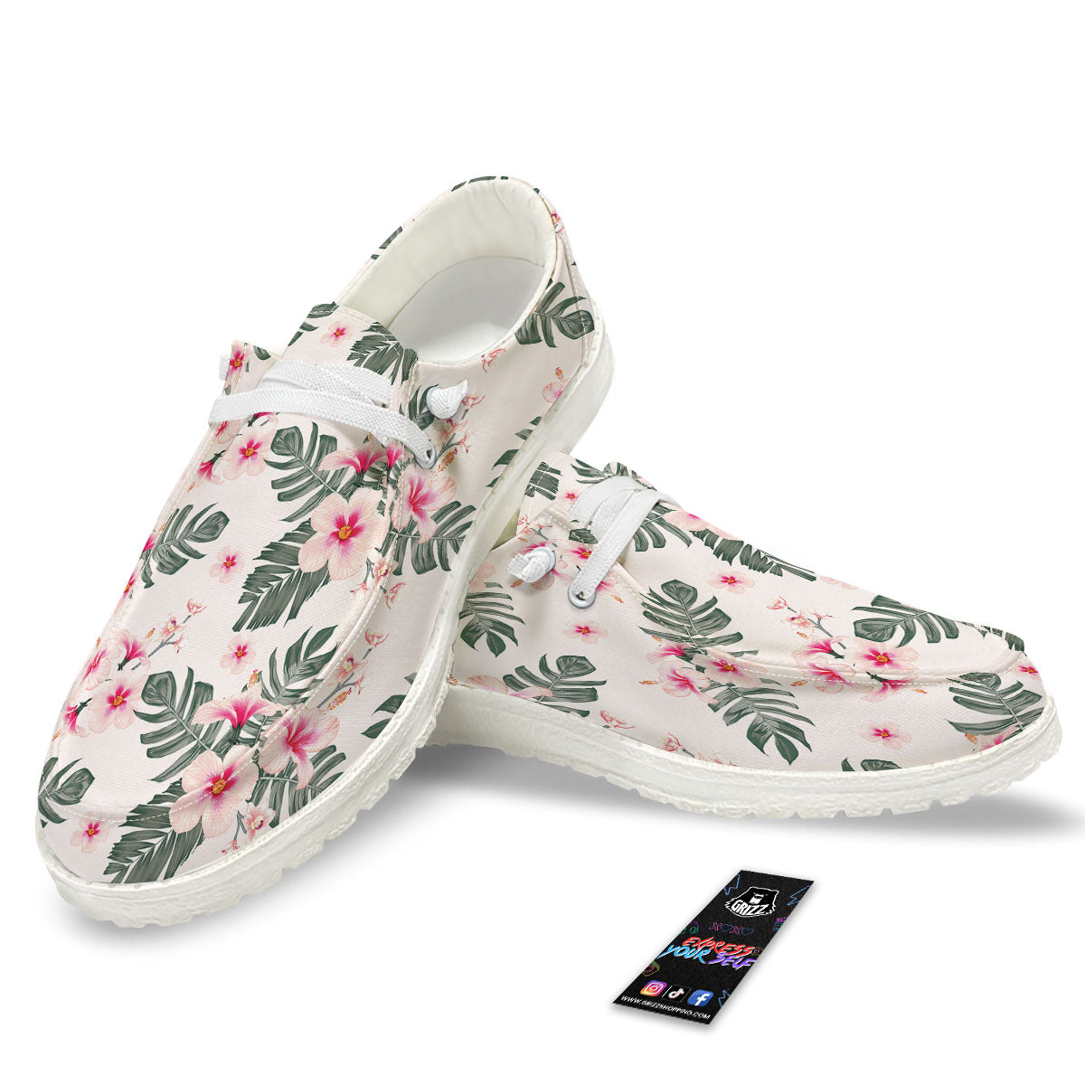 Tropical Pink Hibiscus Print Pattern Black Loafers-grizzshop
