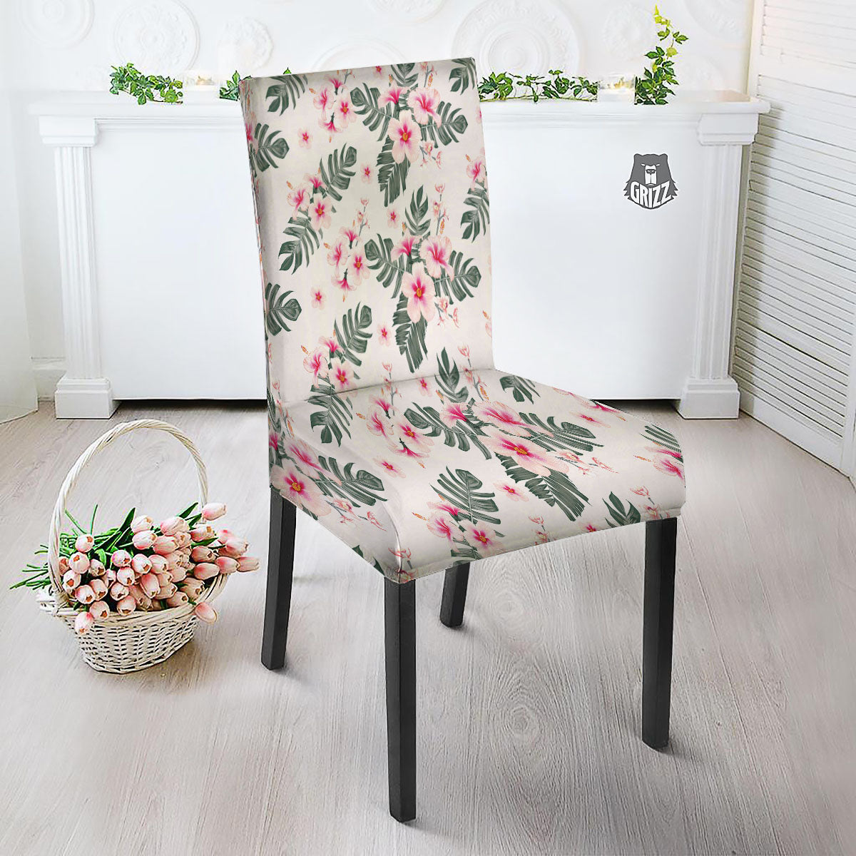 Tropical Pink Hibiscus Print Pattern Dining Chair Slipcover-grizzshop