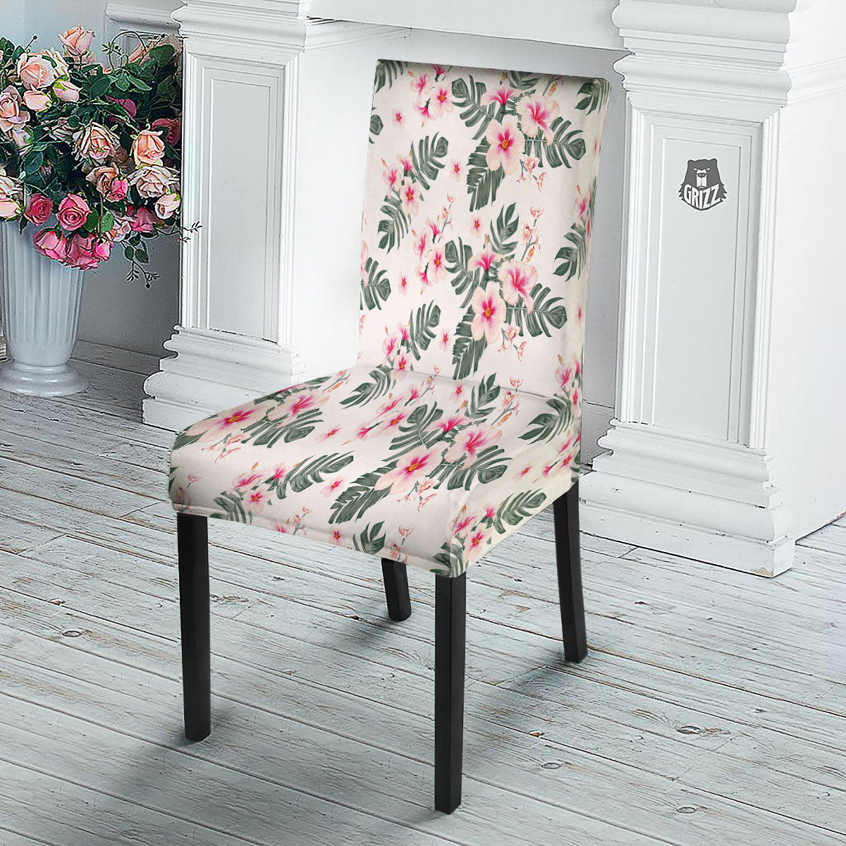 Tropical Pink Hibiscus Print Pattern Dining Chair Slipcover-grizzshop