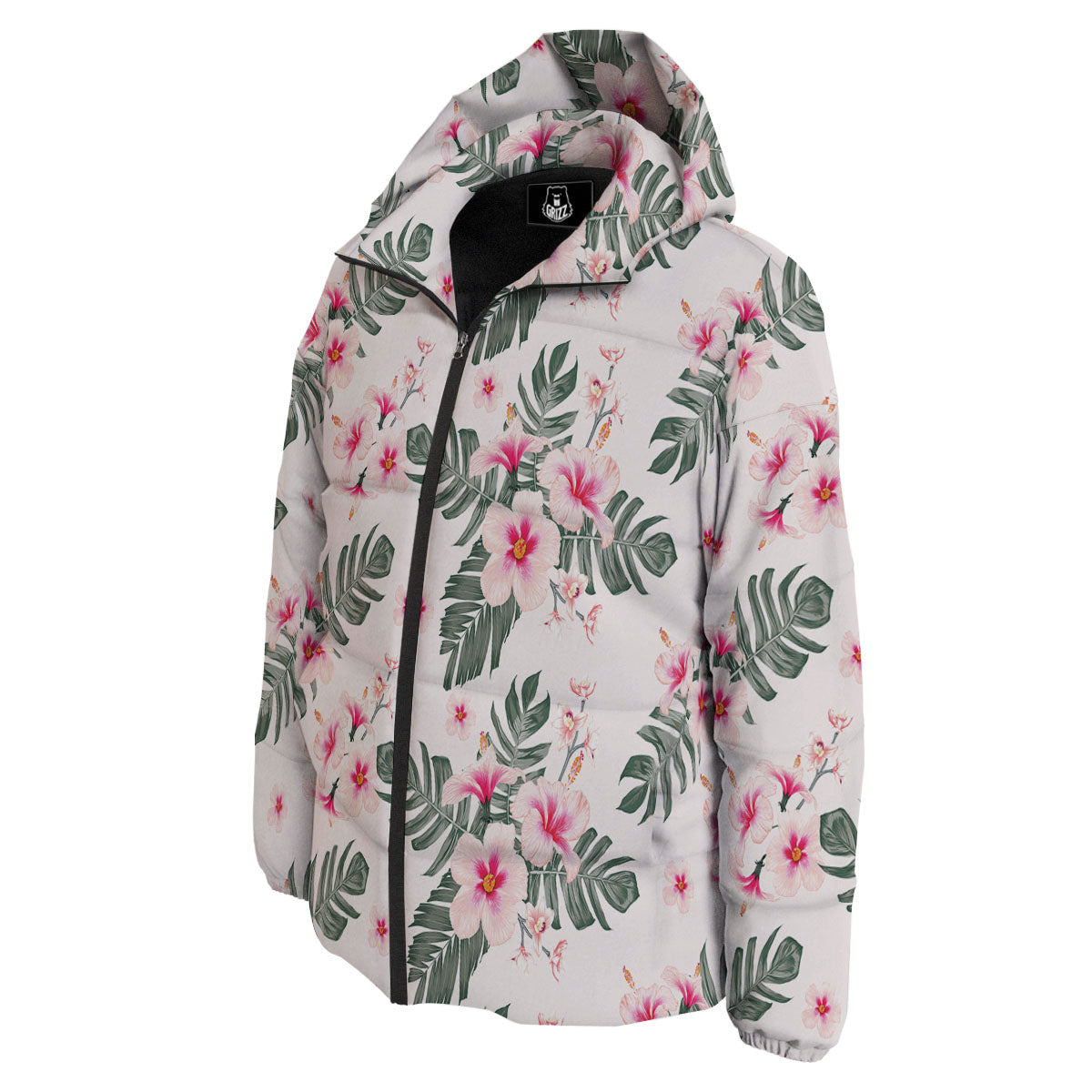 Tropical Pink Hibiscus Print Pattern Down Jacket-grizzshop