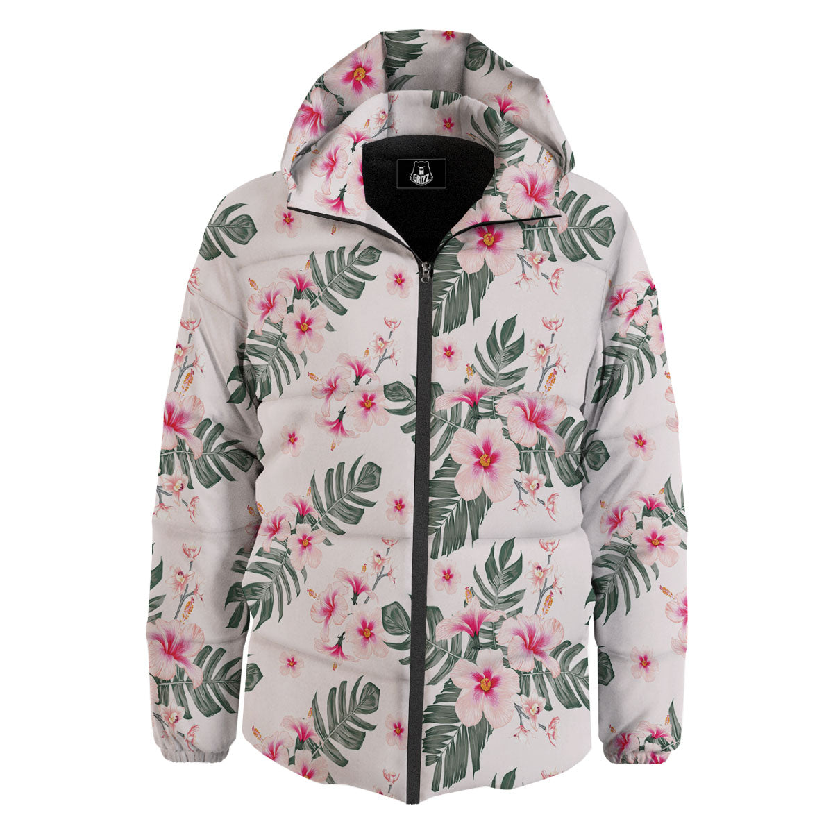 Tropical Pink Hibiscus Print Pattern Down Jacket-grizzshop