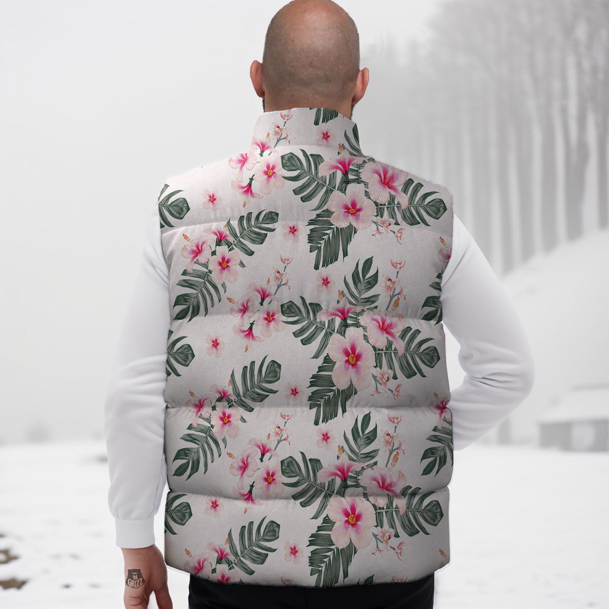 Tropical Pink Hibiscus Print Pattern Down Vest
