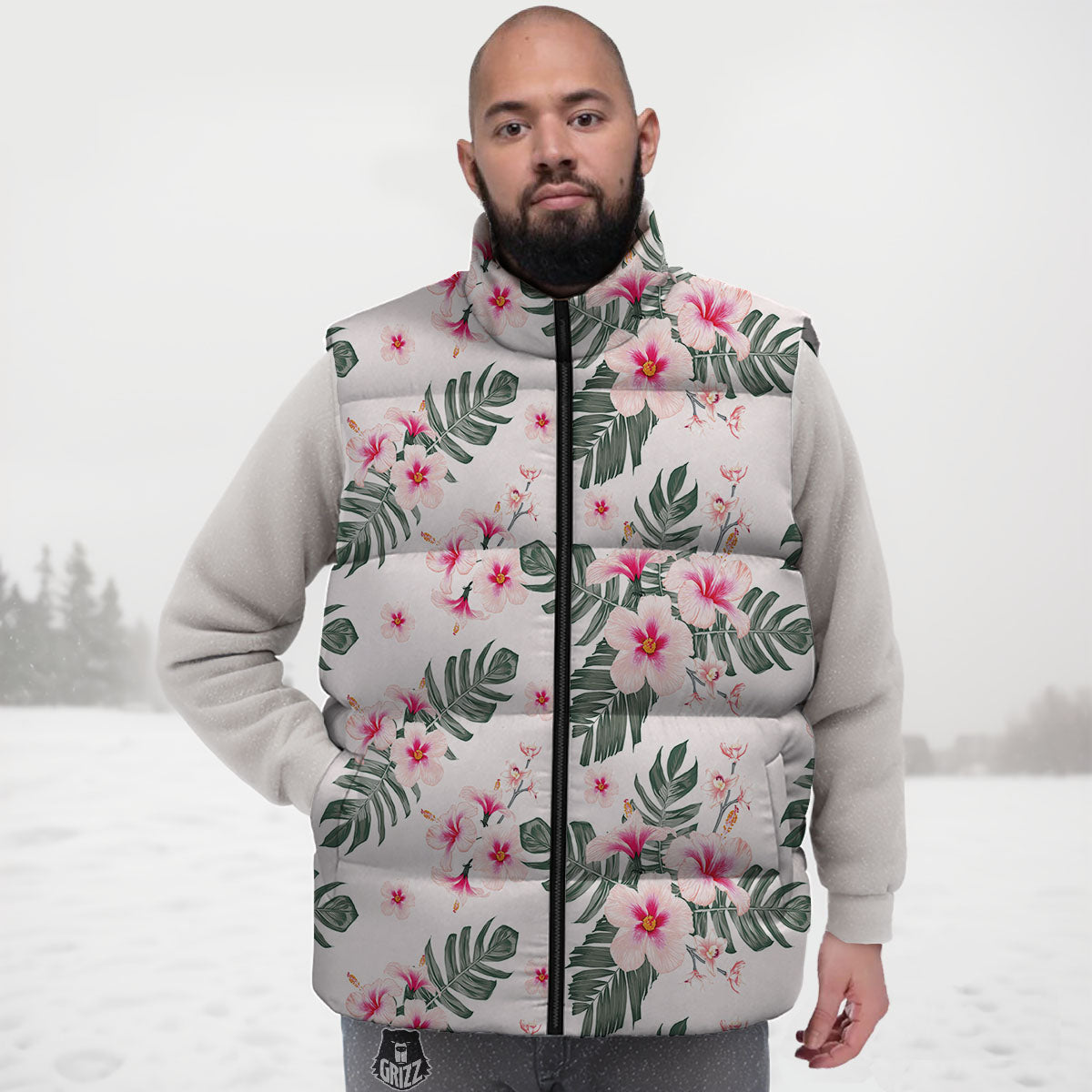 Tropical Pink Hibiscus Print Pattern Down Vest