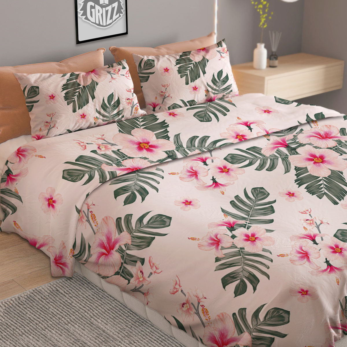 Tropical Pink Hibiscus Print Pattern Duvet Cover Bedding Set