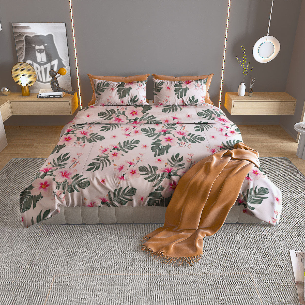 Tropical Pink Hibiscus Print Pattern Duvet Cover Bedding Set