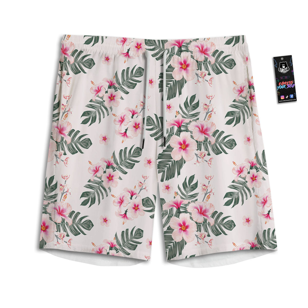 Tropical Pink Hibiscus Print Pattern Men's Athletic Shorts