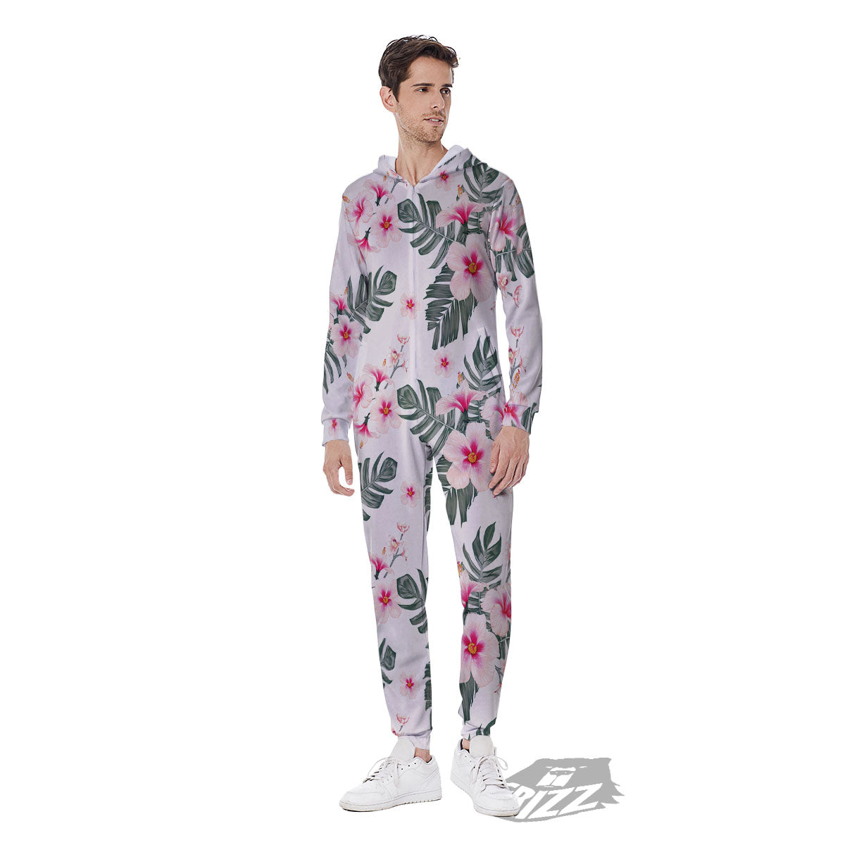 Tropical Pink Hibiscus Print Pattern Men's Jumpsuit-grizzshop