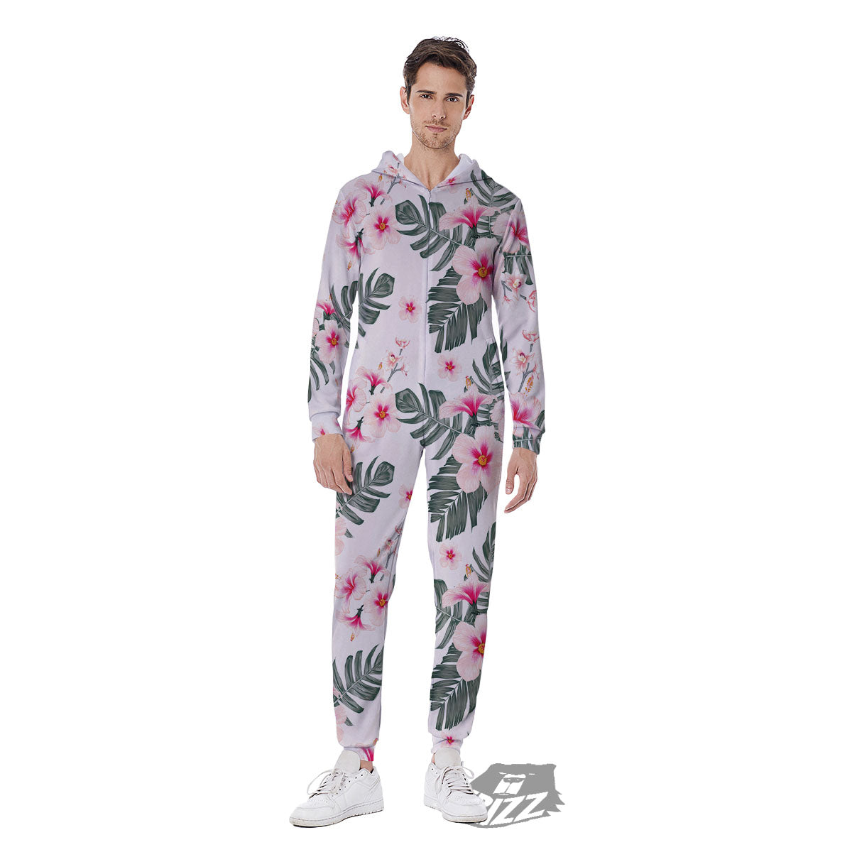 Tropical Pink Hibiscus Print Pattern Men's Jumpsuit-grizzshop