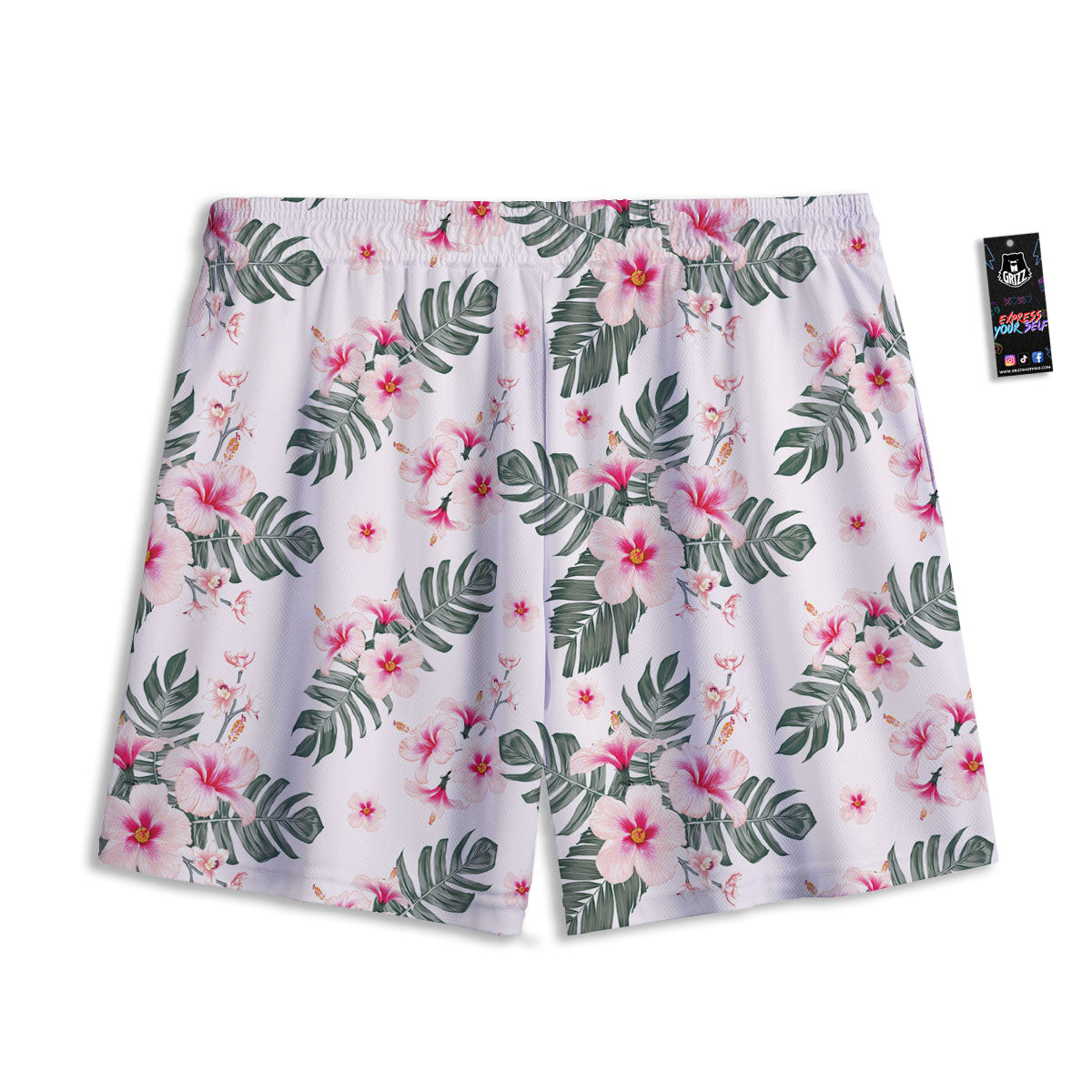 Tropical Pink Hibiscus Print Pattern Mesh Shorts