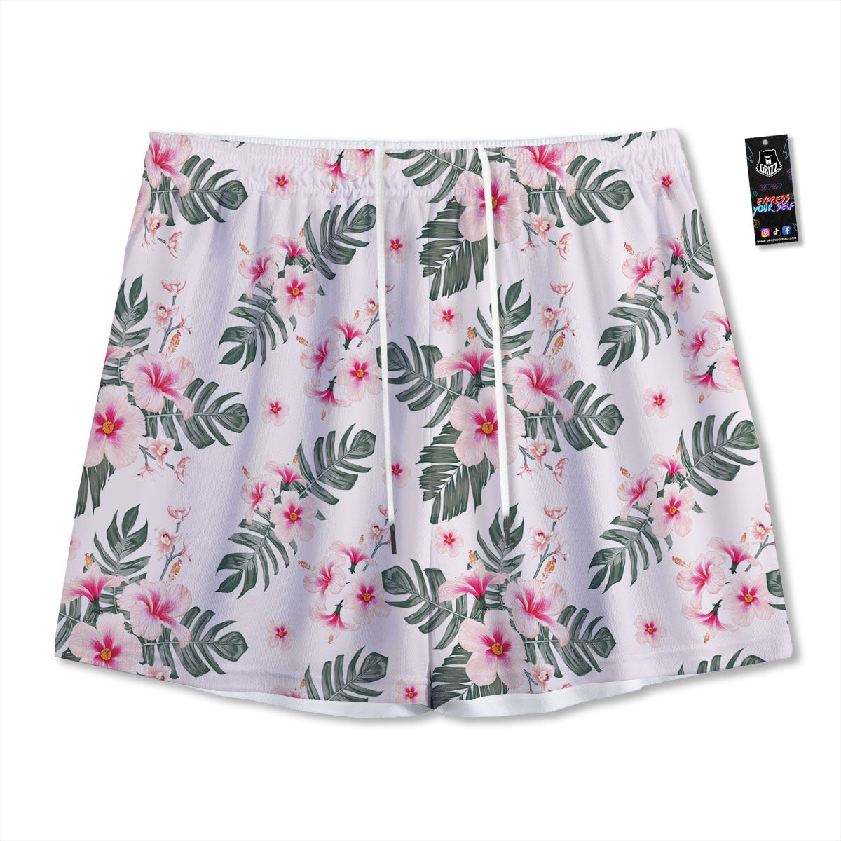 Tropical Pink Hibiscus Print Pattern Mesh Shorts