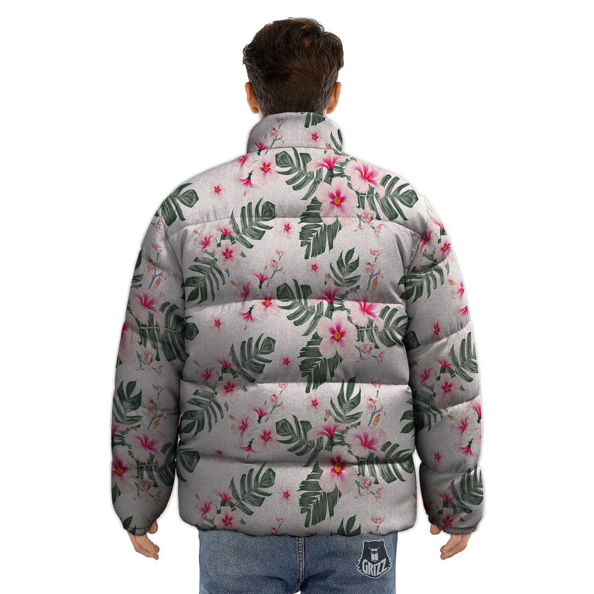 Tropical Pink Hibiscus Print Pattern Puffer Jacket-grizzshop