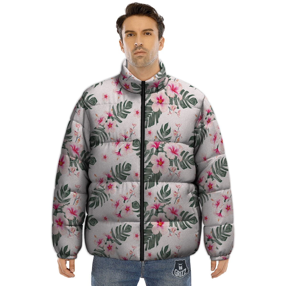 Tropical Pink Hibiscus Print Pattern Puffer Jacket-grizzshop