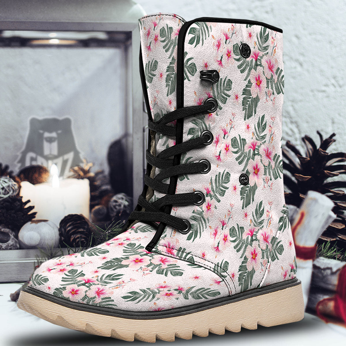 Tropical Pink Hibiscus Print Pattern Snow Boots-grizzshop