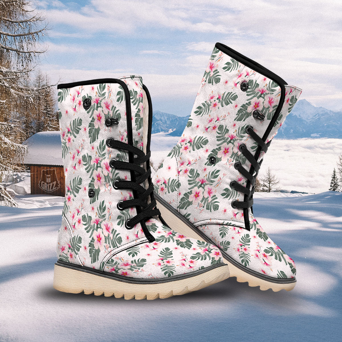 Tropical Pink Hibiscus Print Pattern Snow Boots-grizzshop